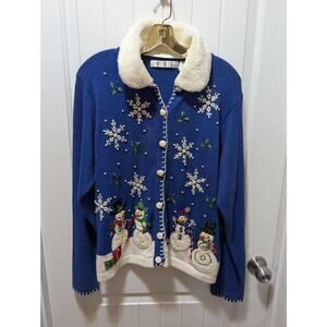 Vintage Snowman Ugly Christmas Sweater Cardigan Blue Women's L Holiday Festive